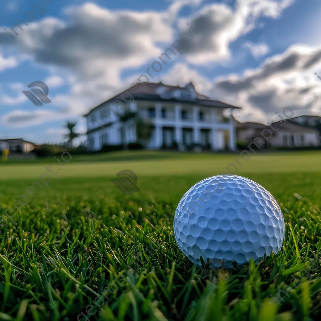 Golf ball on a tee with clubhouse and cloudy sky background - Image 4