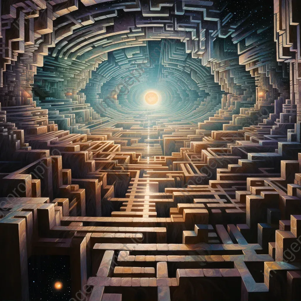 Neo-surrealistic artwork of a holographic labyrinth leading to a quantum realm - Image 1