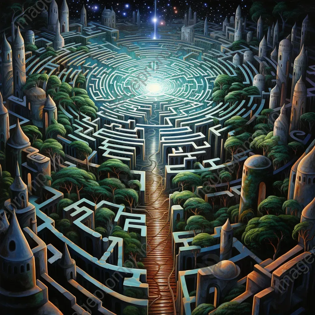 Neo-surrealistic artwork of a holographic labyrinth leading to a quantum realm - Image 2