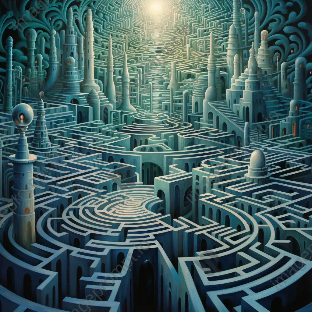 Neo-surrealistic artwork of a holographic labyrinth leading to a quantum realm - Image 3