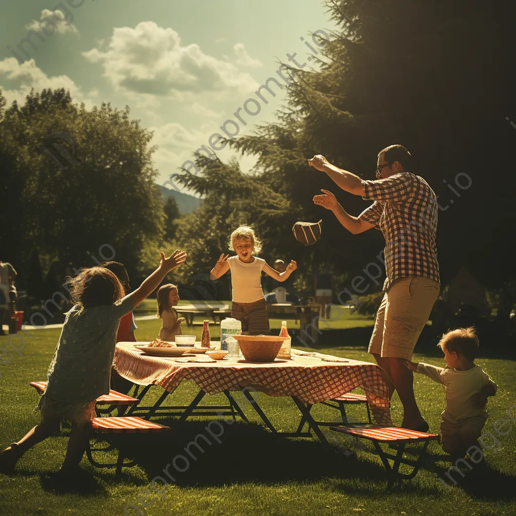 Family enjoying a picnic in the park with children playing frisbee. - Image 1