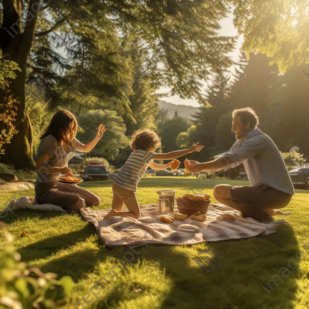 Family enjoying a picnic in the park with children playing frisbee. - Image 2