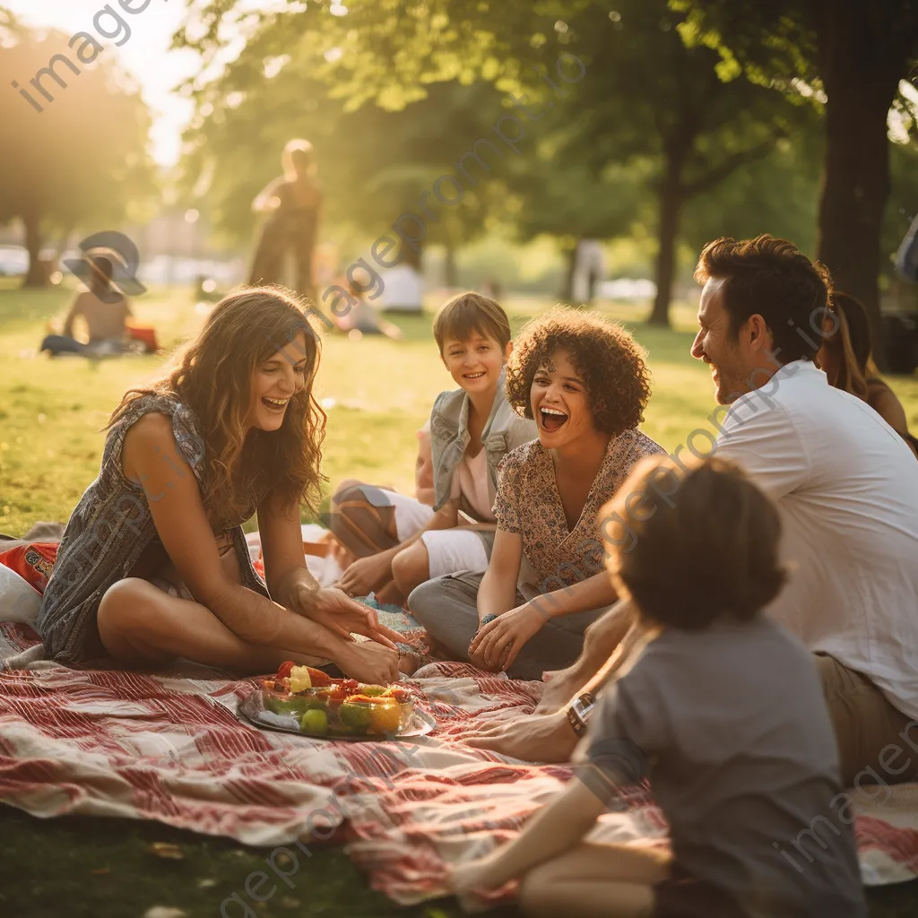 Family enjoying a picnic in the park with children playing frisbee. - Image 3