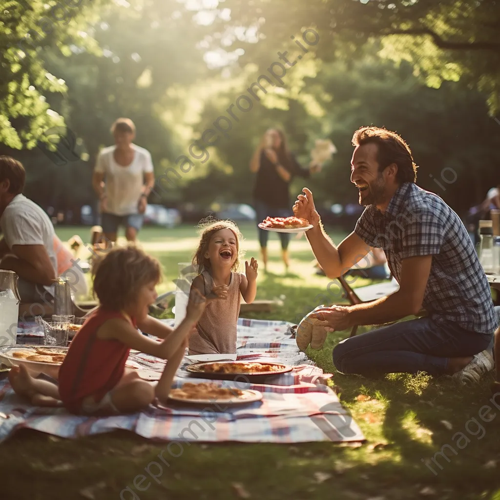 Family enjoying a picnic in the park with children playing frisbee. - Image 4