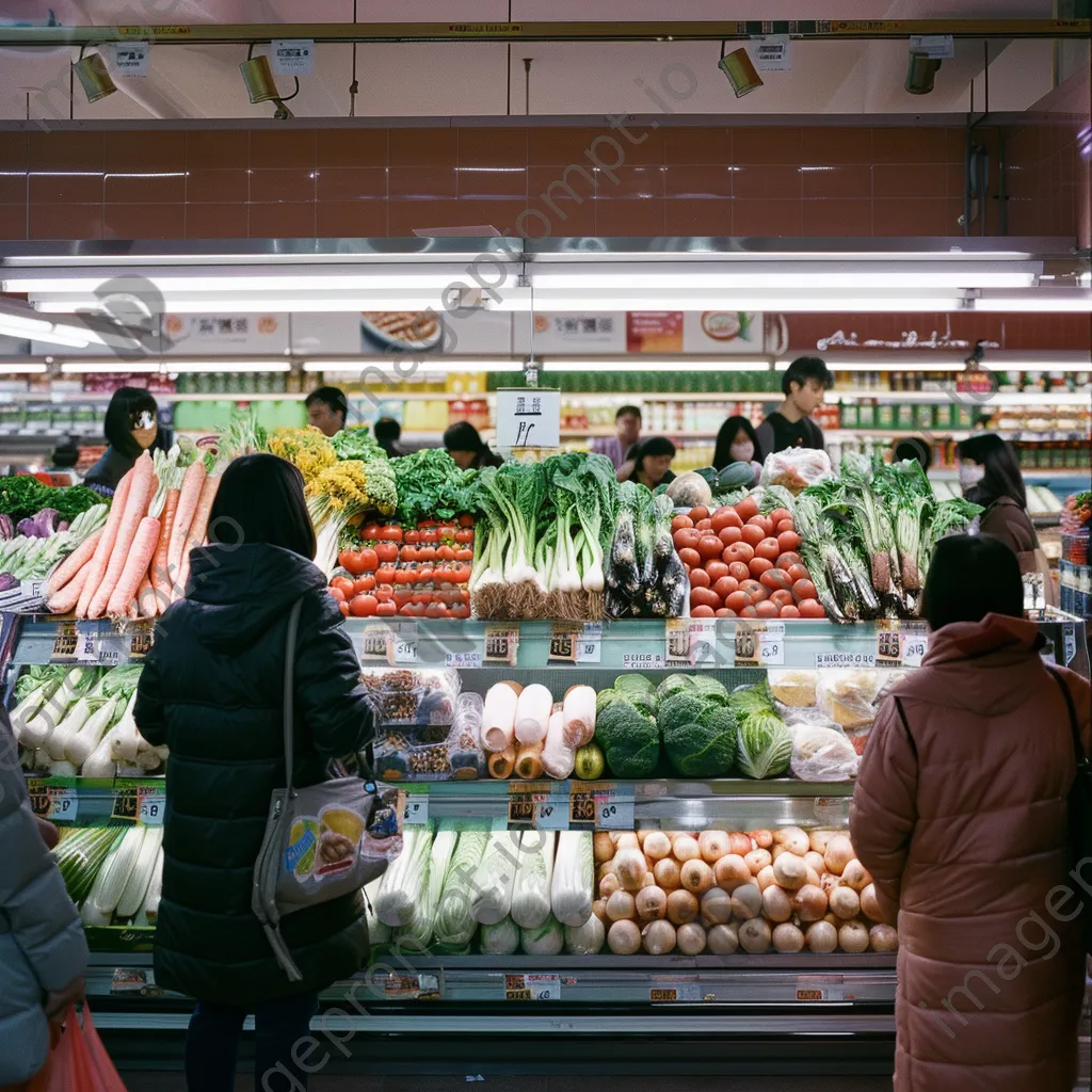 Display of seasonal vegetables in a supermarket attracting shoppers