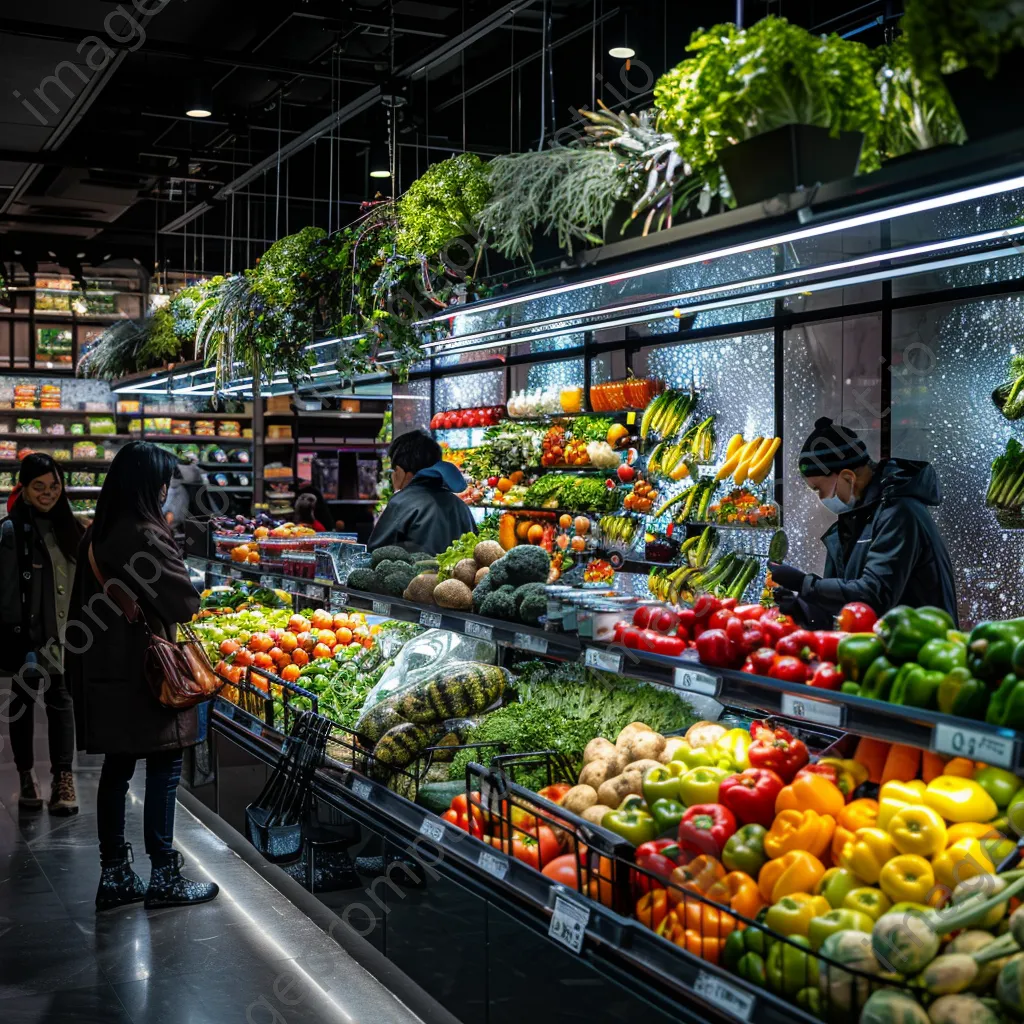 Display of seasonal vegetables in a supermarket attracting shoppers