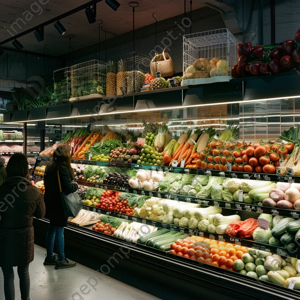 Display of seasonal vegetables in a supermarket attracting shoppers