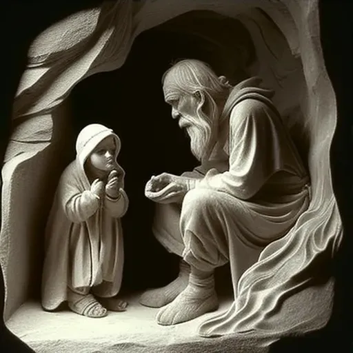 Wise hermit sharing knowledge with a young traveler in a remote mountain cave - Image 3