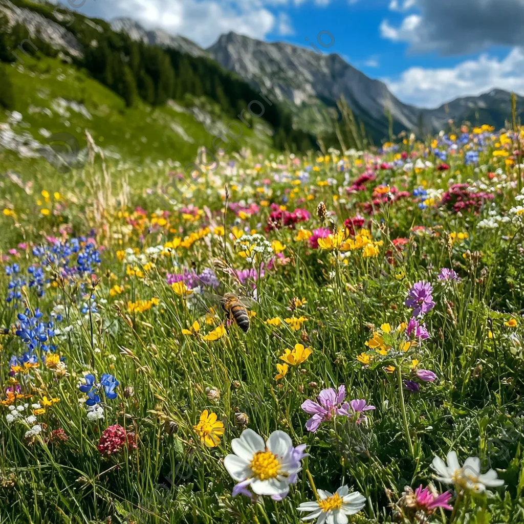 A colorful patch of wildflowers in an alpine meadow with active bees. - Image 1