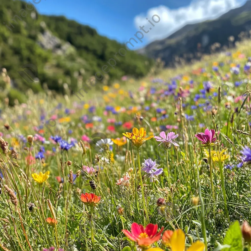 A colorful patch of wildflowers in an alpine meadow with active bees. - Image 2