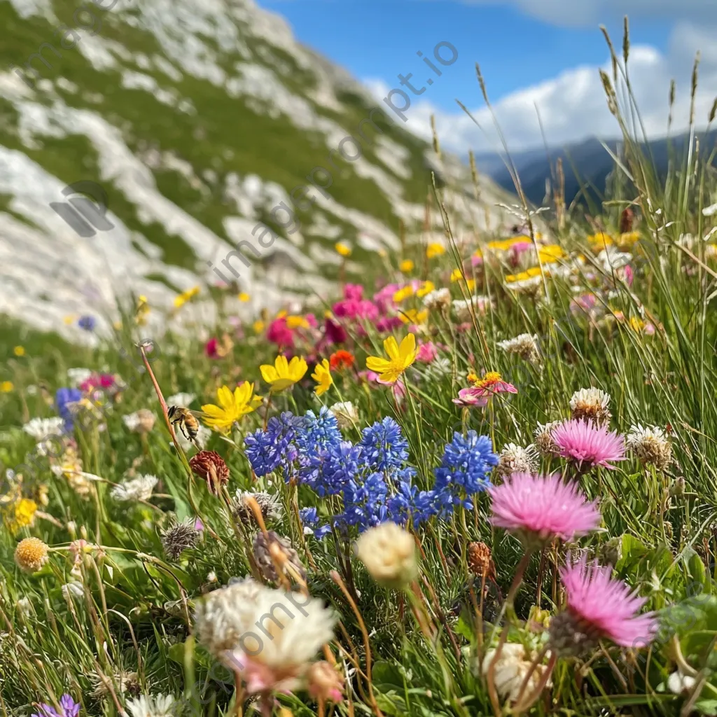 A colorful patch of wildflowers in an alpine meadow with active bees. - Image 3