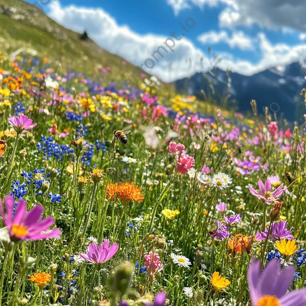 A colorful patch of wildflowers in an alpine meadow with active bees. - Image 4