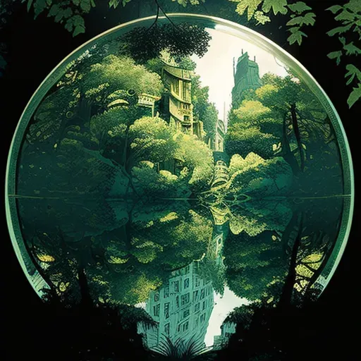 Reflection of bustling cityscape in a mirror placed in a lush forest - Image 3