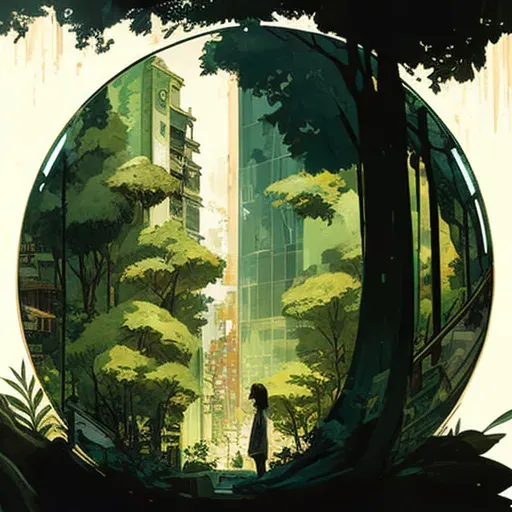 Reflection of bustling cityscape in a mirror placed in a lush forest - Image 4