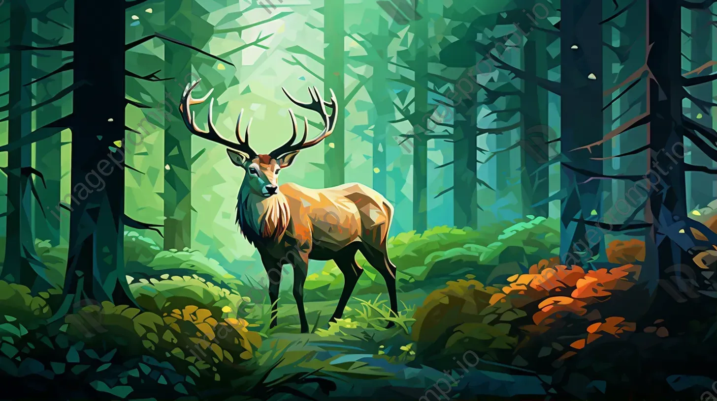 Geometric representation of a stag in a lush green forest - Image 1