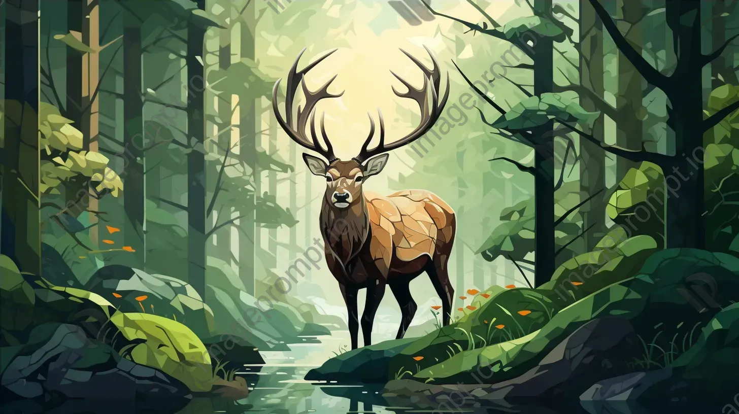 Geometric representation of a stag in a lush green forest - Image 4