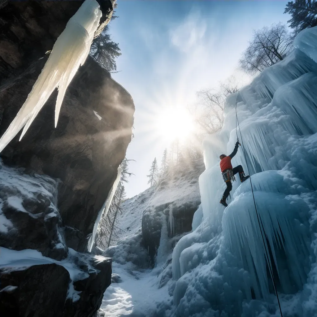 Ice Climber Scaling Frozen Waterfall