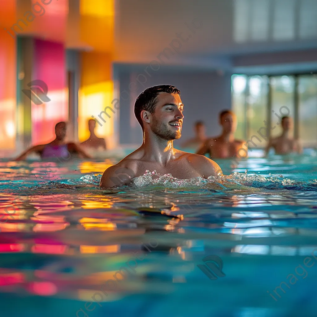 Male instructor leading water aerobics class in an indoor pool - Image 1