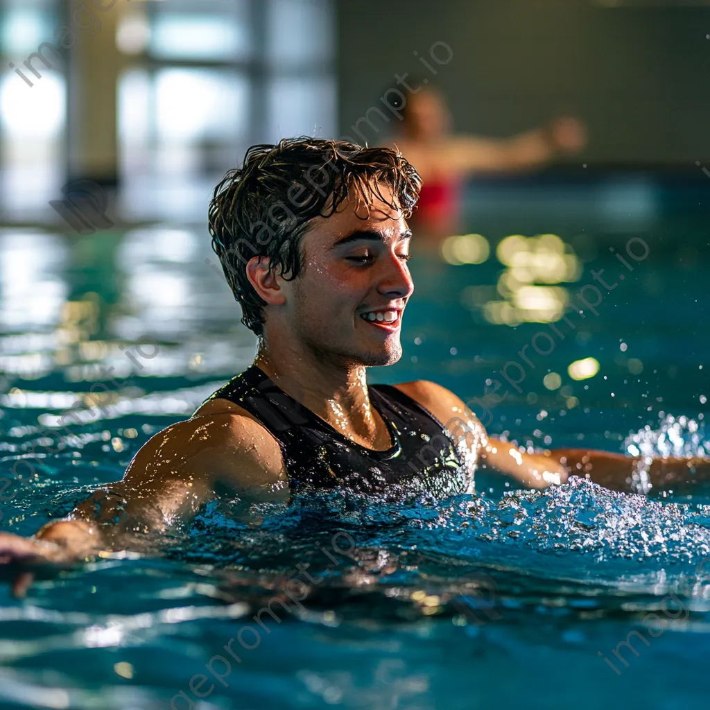 Male instructor leading water aerobics class in an indoor pool - Image 2