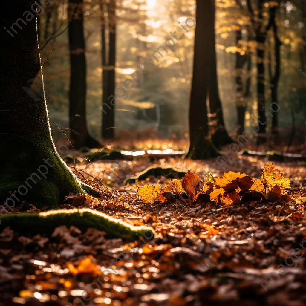 Autumn leaves covering the forest floor with golden light filtering through trees. - Image 1