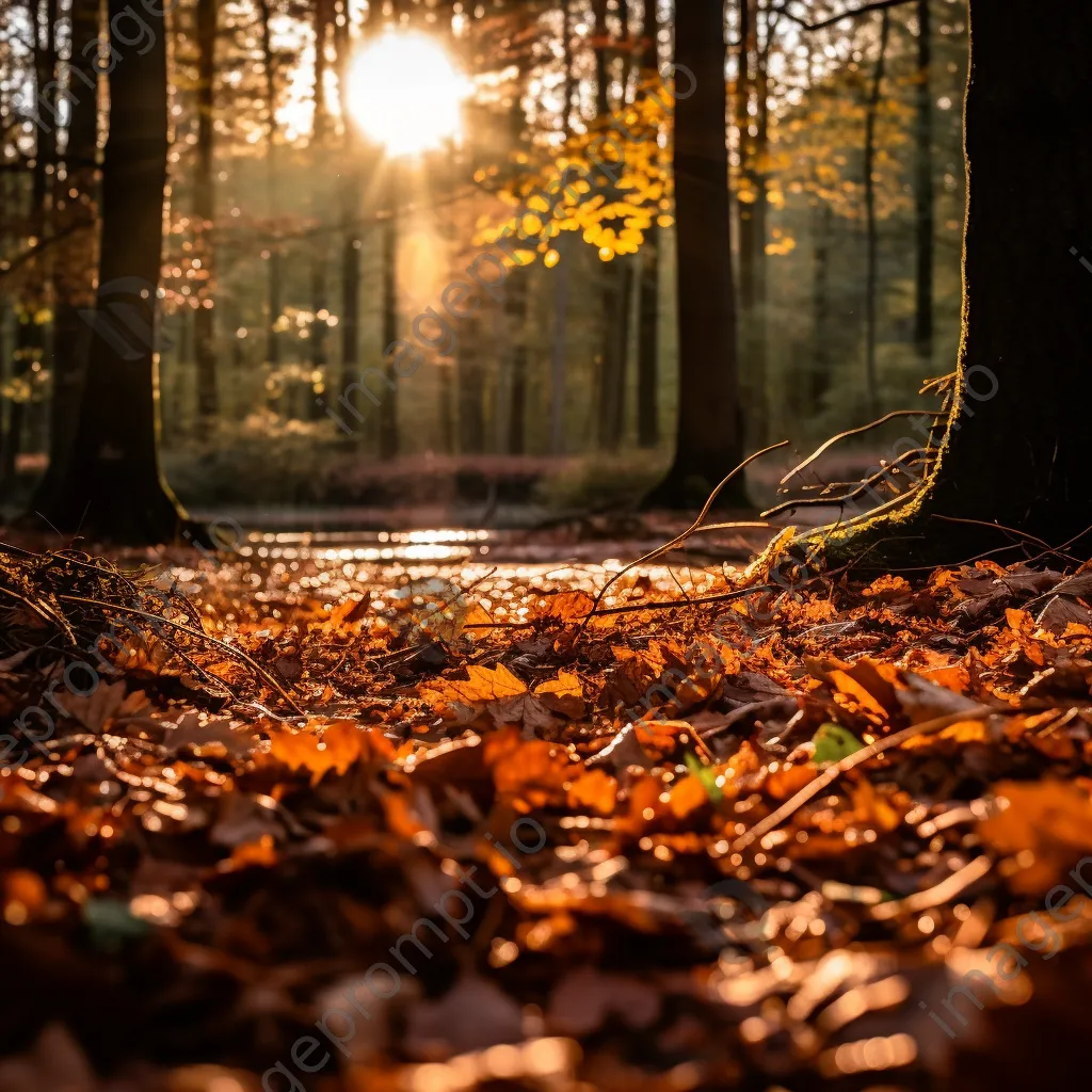 Autumn leaves covering the forest floor with golden light filtering through trees. - Image 2