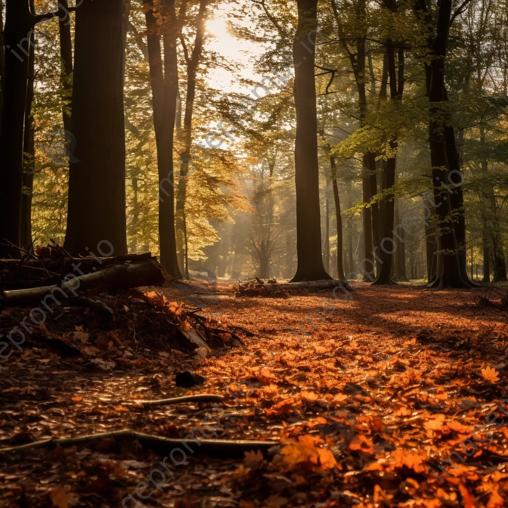 Autumn leaves covering the forest floor with golden light filtering through trees. - Image 3