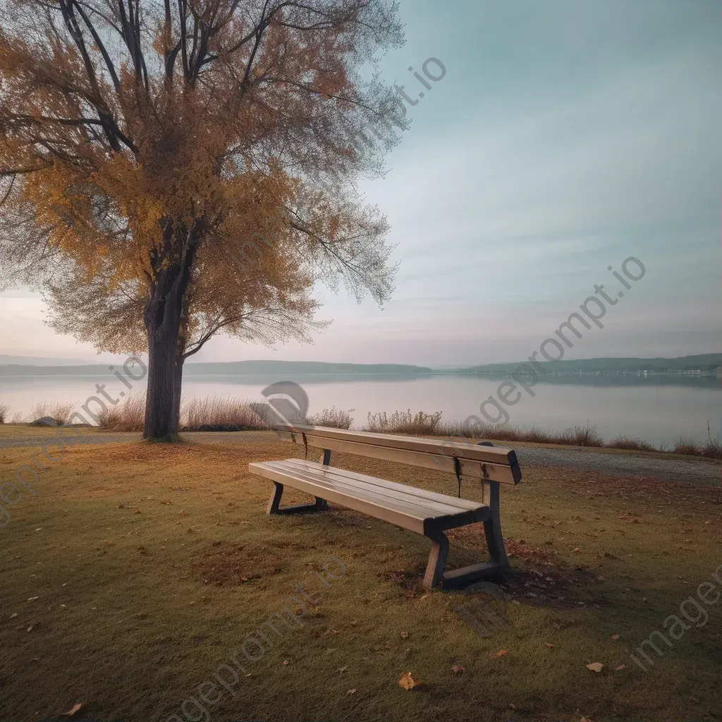 Lonely park bench by tranquil lake shot on Canon EOS R6 - Image 1