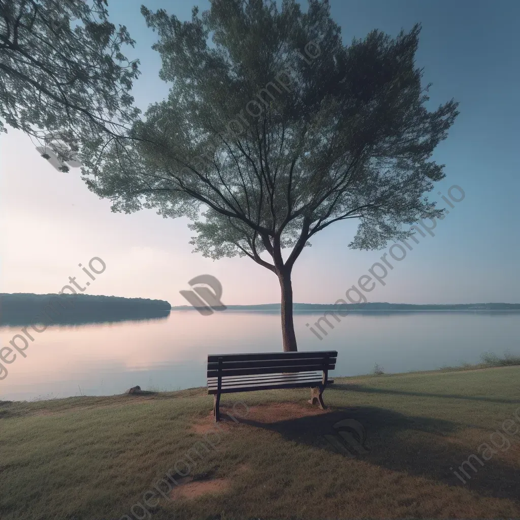 Lonely park bench by tranquil lake shot on Canon EOS R6 - Image 2