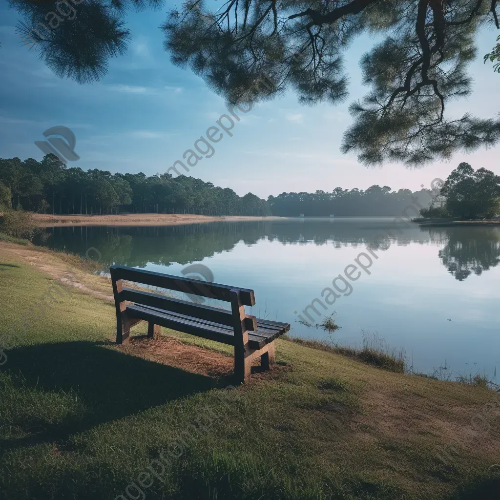 Lonely park bench by tranquil lake shot on Canon EOS R6 - Image 3