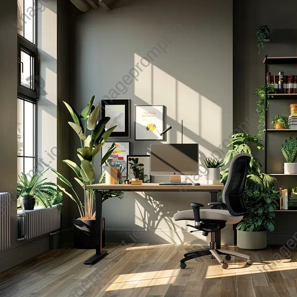 Modern office workspace with motivational posters and potted plants - Image 1