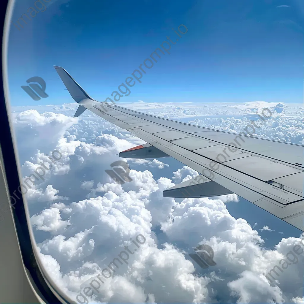 Aircraft wing and fluffy clouds in clear blue sky seen from airplane window - Image 1