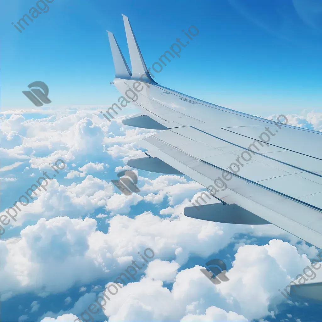 Aircraft wing and fluffy clouds in clear blue sky seen from airplane window - Image 2