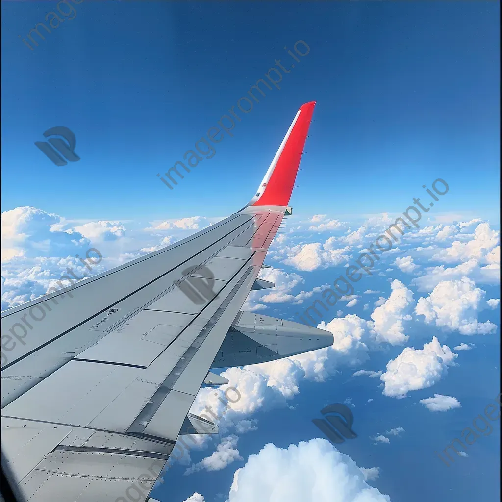 Aircraft wing and fluffy clouds in clear blue sky seen from airplane window - Image 3