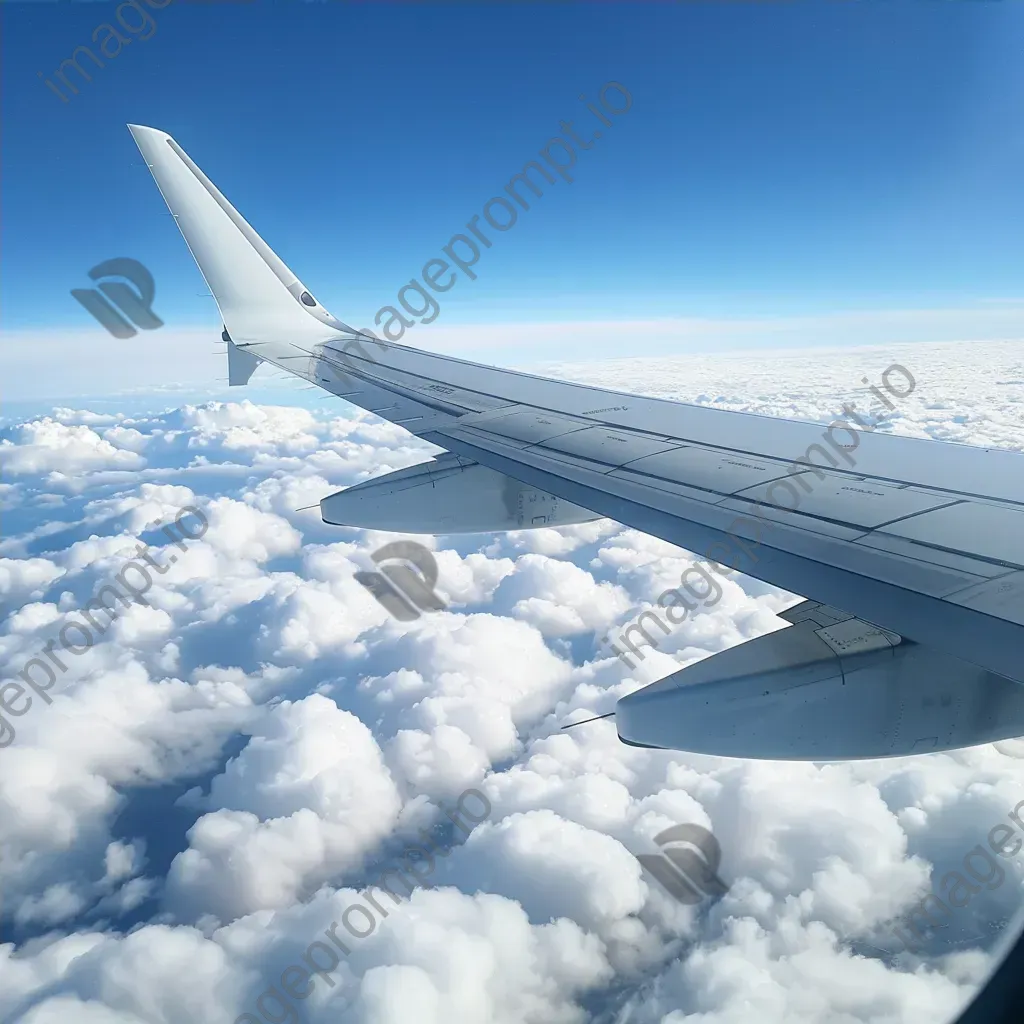 Aircraft wing and fluffy clouds in clear blue sky seen from airplane window - Image 4