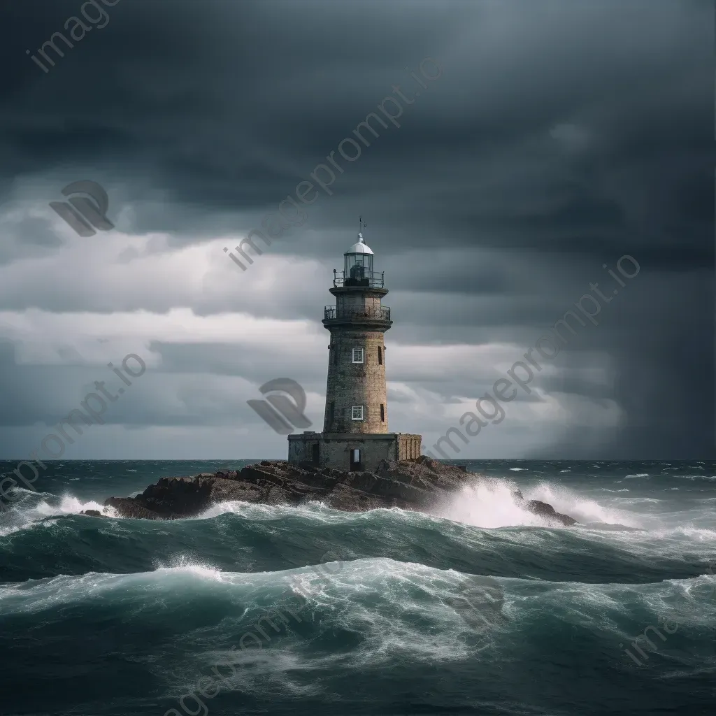 Historic lighthouse standing tall against stormy seas, dramatic clouds overhead - Image 1