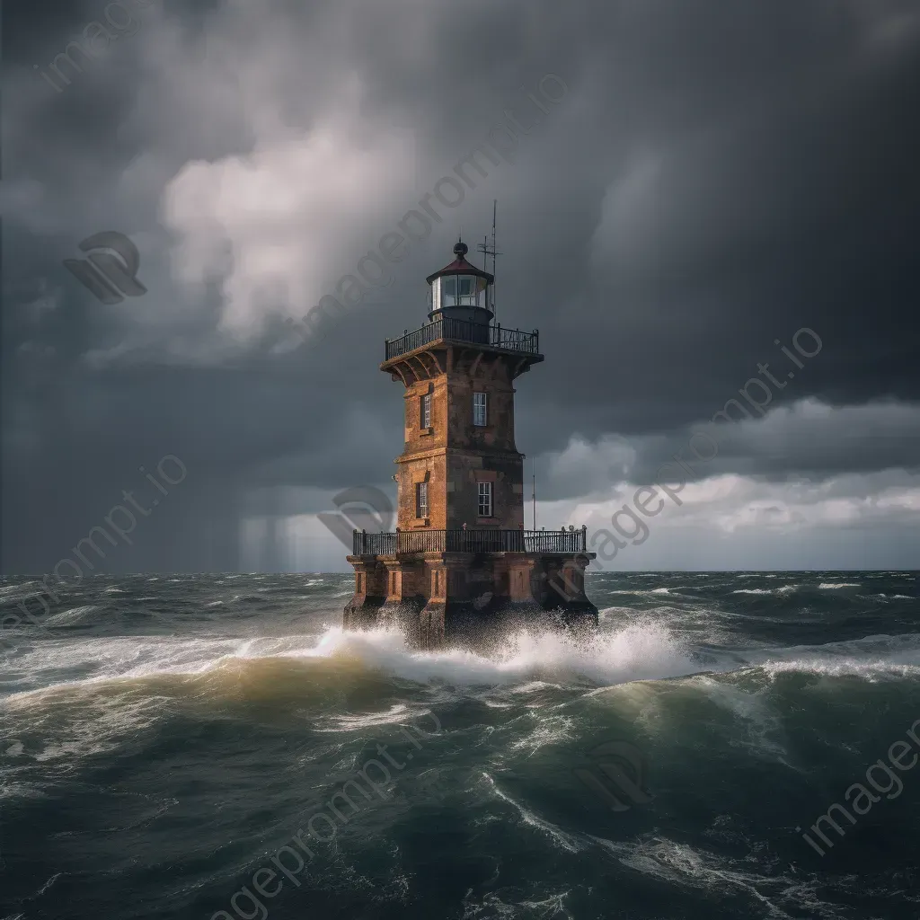 Historic lighthouse standing tall against stormy seas, dramatic clouds overhead - Image 2