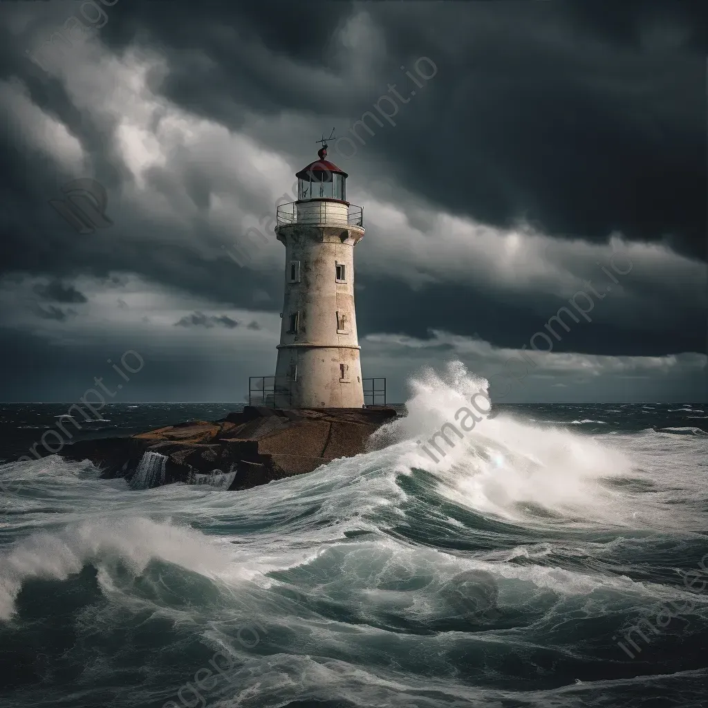 Historic lighthouse standing tall against stormy seas, dramatic clouds overhead - Image 3