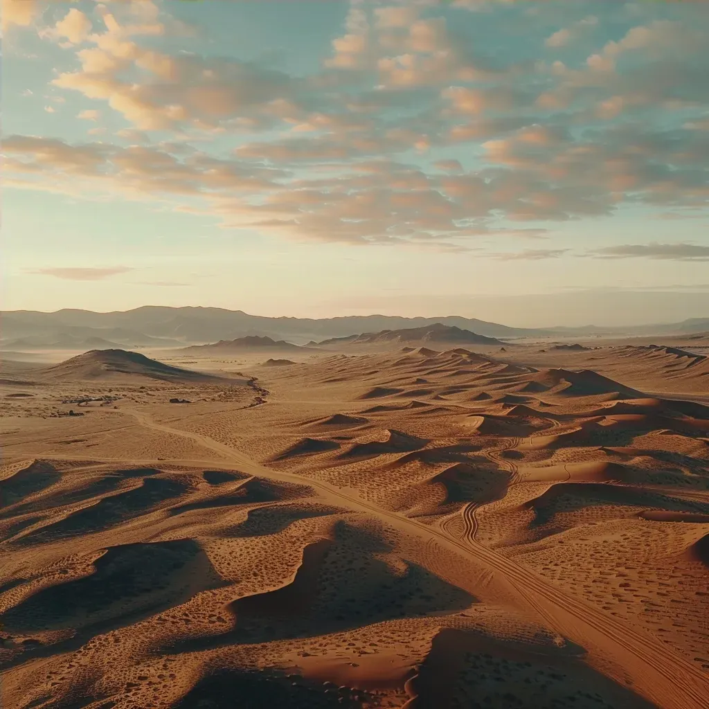 Aerial view of a desert landscape with sand dunes and an oasis - Image 4