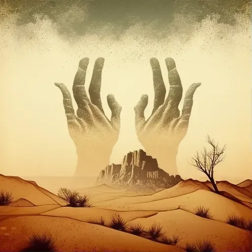 Hands reaching for sky in barren desert landscape - Image 1