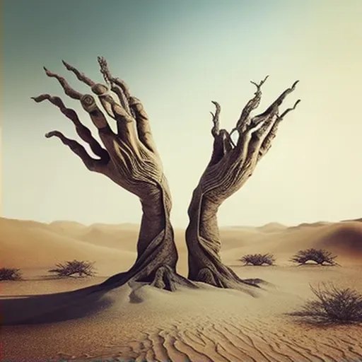 Hands reaching for sky in barren desert landscape - Image 2