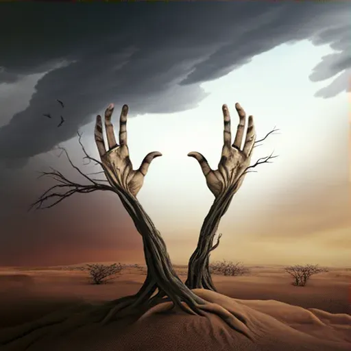 Hands reaching for sky in barren desert landscape - Image 3