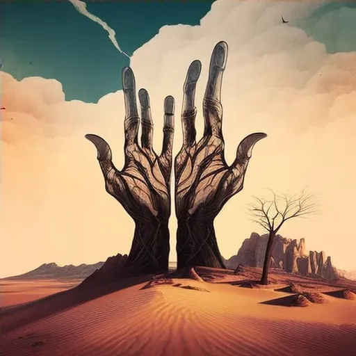 Hands reaching for sky in barren desert landscape - Image 4