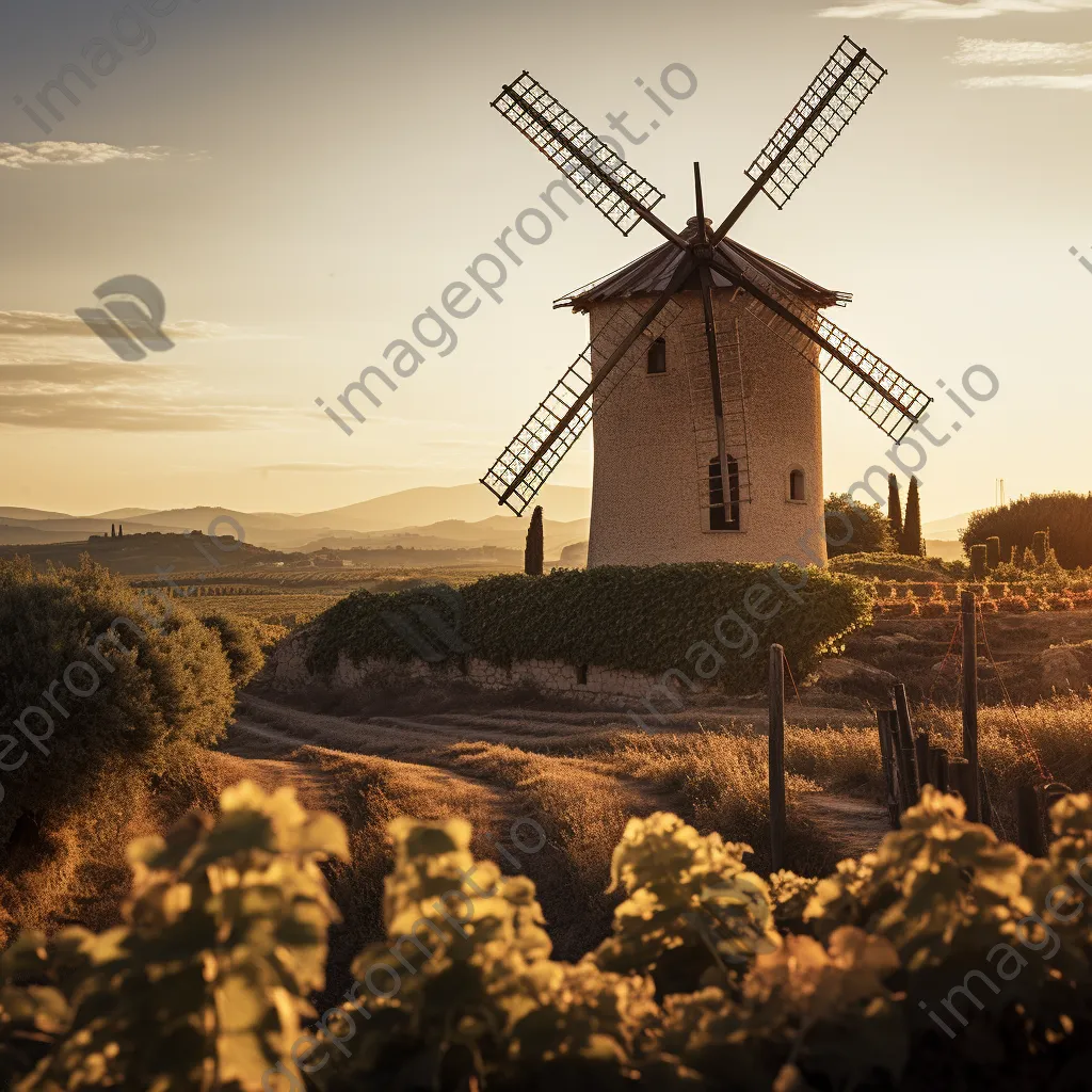 Italian windmill near vineyard during sunset - Image 1