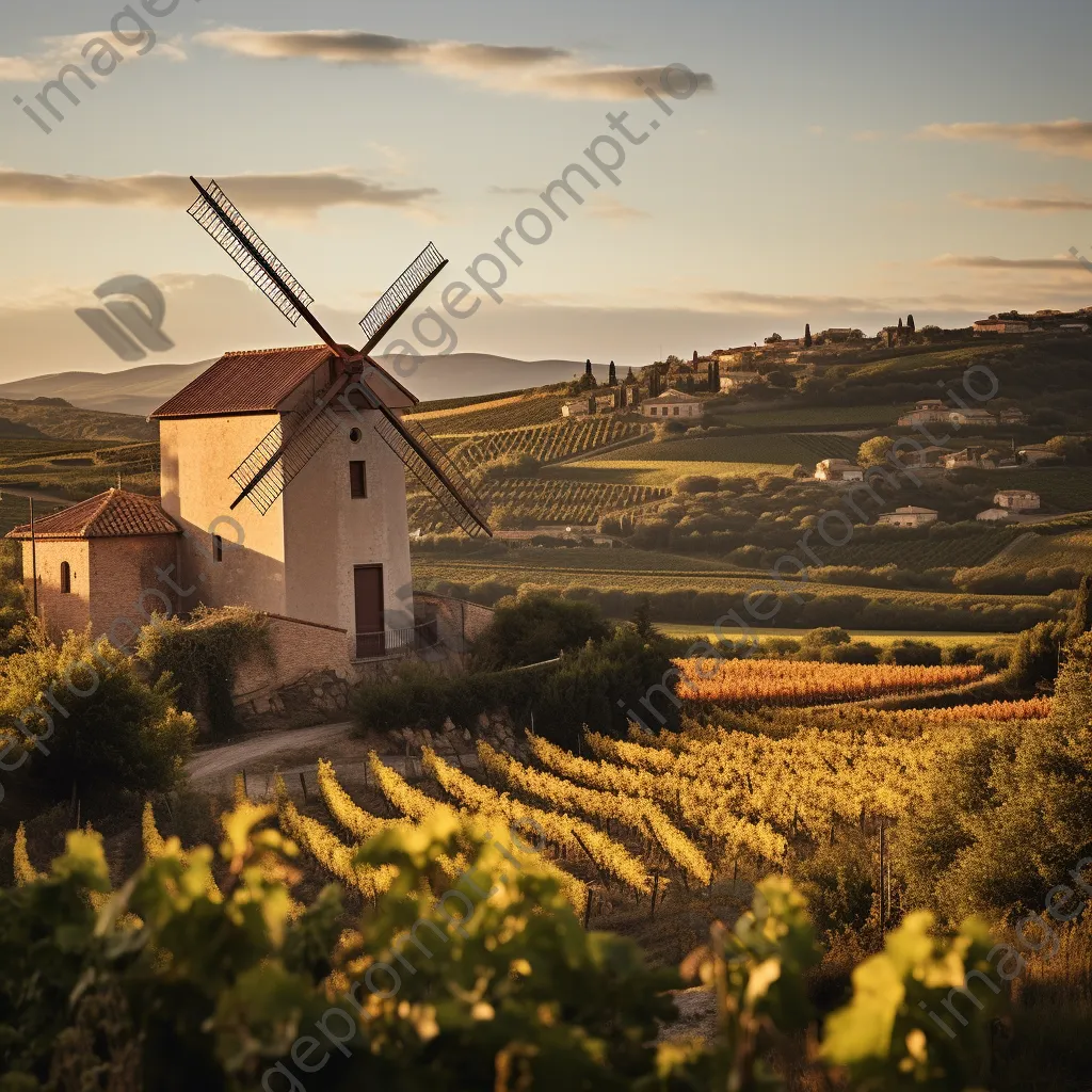 Italian windmill near vineyard during sunset - Image 3