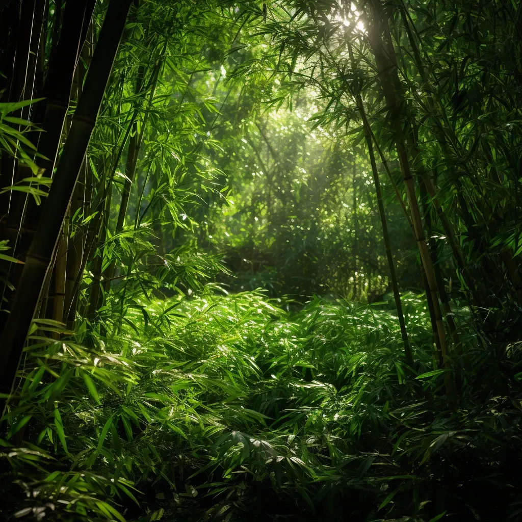 Sunlit bamboo forest with intricate light patterns - Image 1