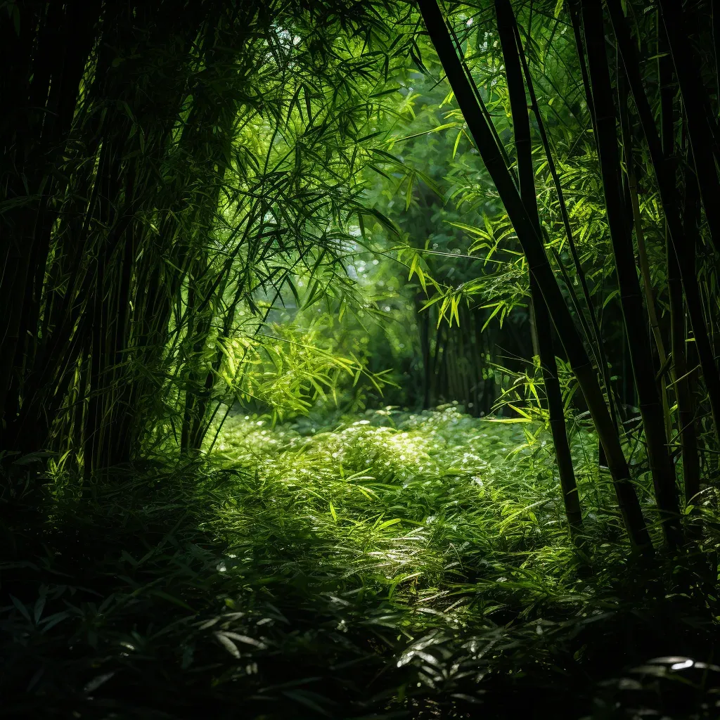 Sunlit bamboo forest with intricate light patterns - Image 2