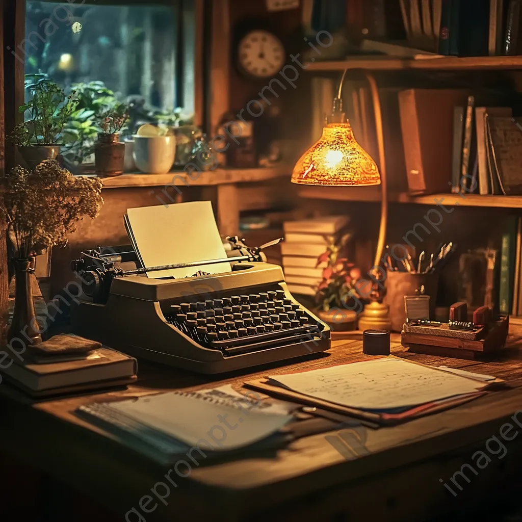 Cozy desk with a vintage typewriter and stationery in warm light - Image 1