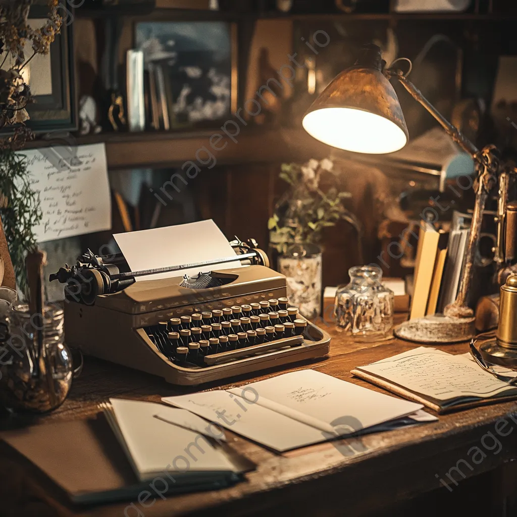 Cozy desk with a vintage typewriter and stationery in warm light - Image 3