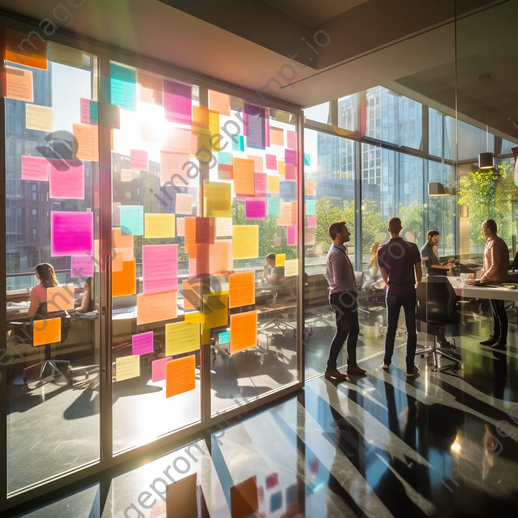 Colorful sticky notes on a glass wall in an office - Image 1