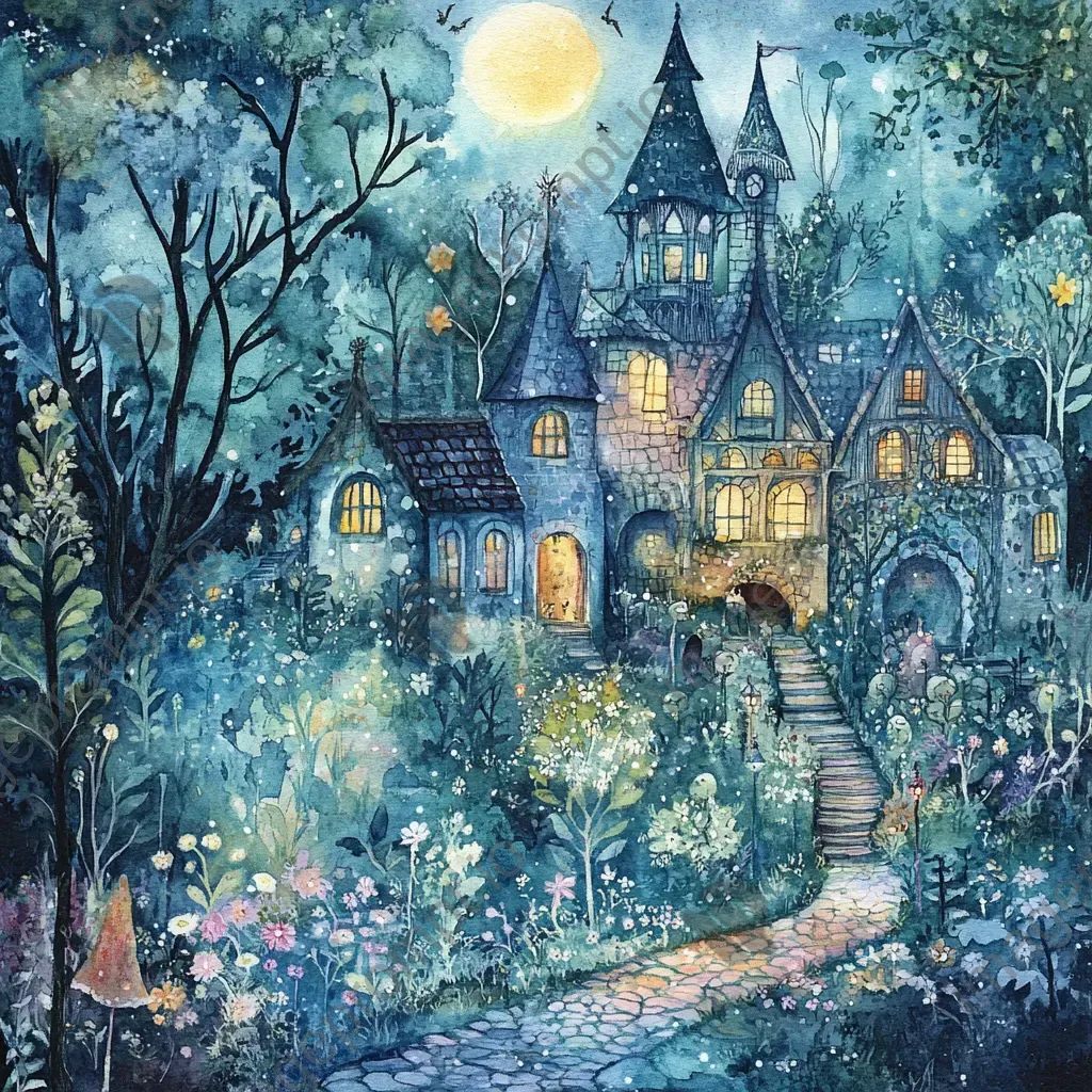 Whimsical fairy garden illuminated by moonlight in watercolor aesthetic - Image 1